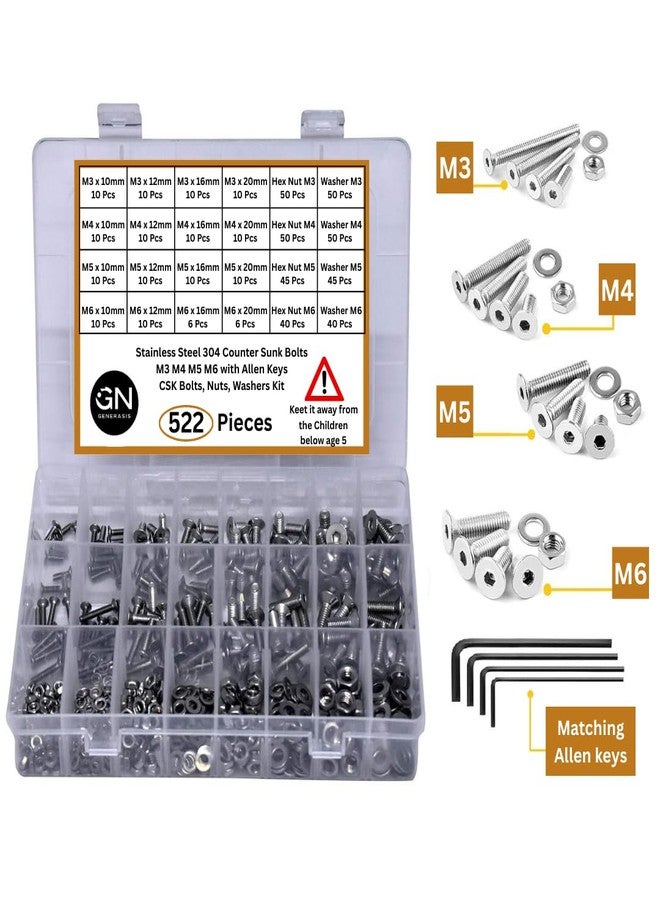 GENERASIS CSK Countersunk Allen Head Bolt Set - M3 M4 M5 M6 Sizes - 304 Stainless Steel Flat Head Allen Cap Screws with Hex Nuts, Washers & Allen Keys - 522-Piece Full Thread Assortment Kit - Image 2
